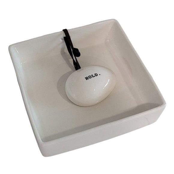 Rae Dunn 6.5" Stoneware Napkin Holder with "HOLD" Weight White #19551 - Picture 1 of 8